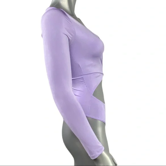 Fashion Nova | Lilac Purple Cut Out Body Suit Long Sleeve Thong back - Picture 3 of 16